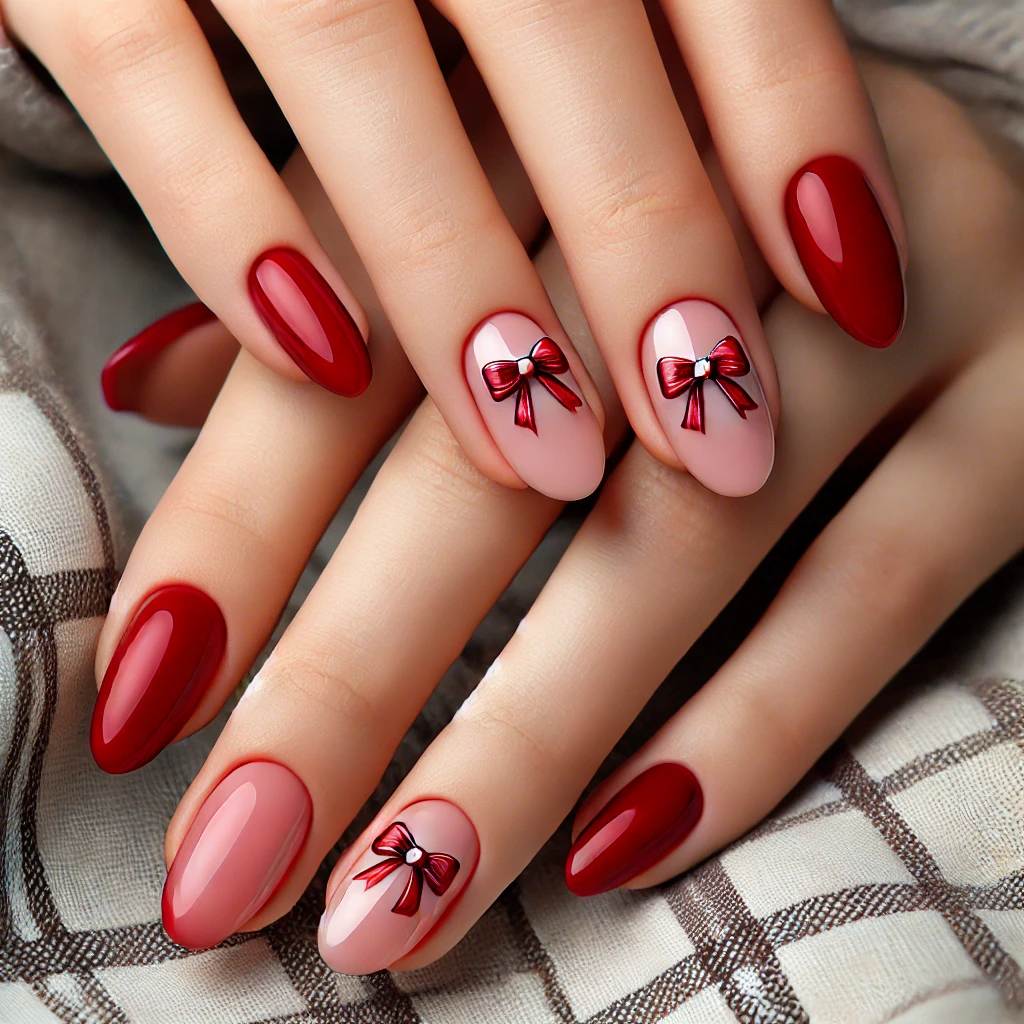 Cherry Red Almond Nails with Bow Accents