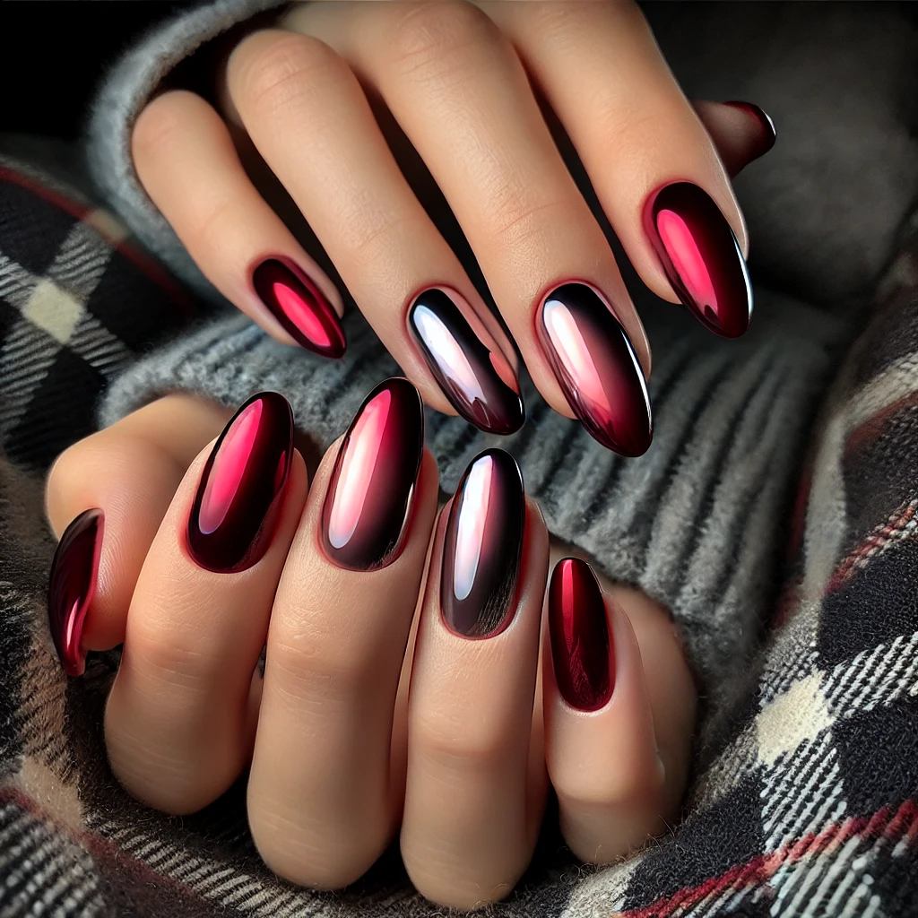 Cherry Red Chrome Gradient Nails 2