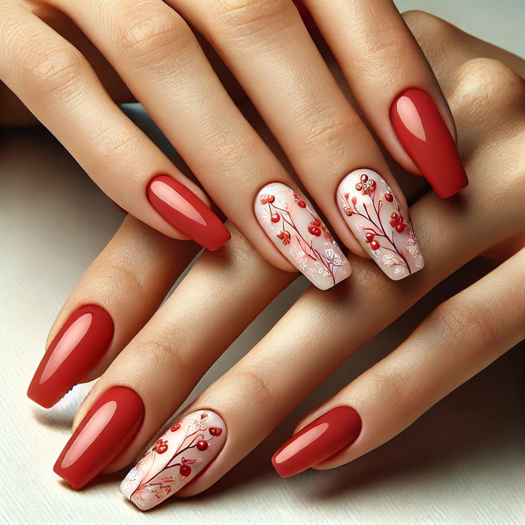 Cherry Red Nails with Florals and Vines