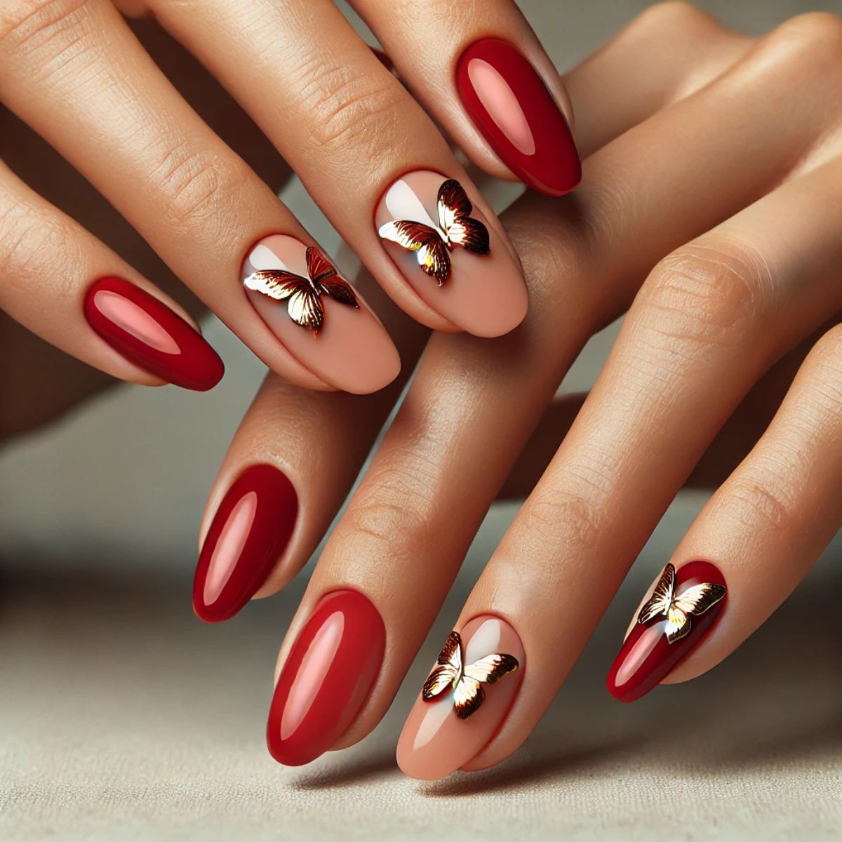 Cherry Red Nails with Foil Butterflies