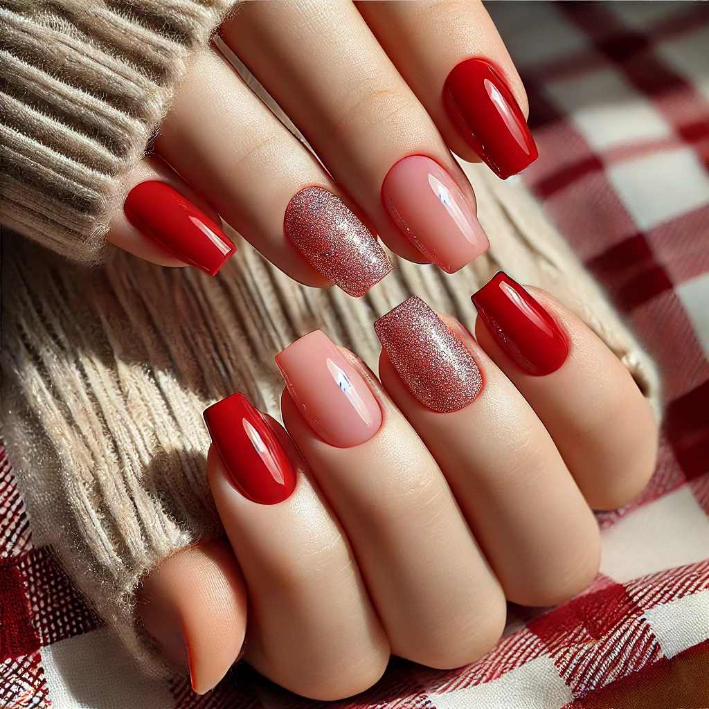 Cherry Red Nails with Glitter French Tips