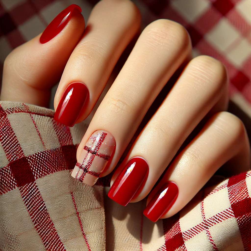 Cherry Red Nails with Glitter Plaids