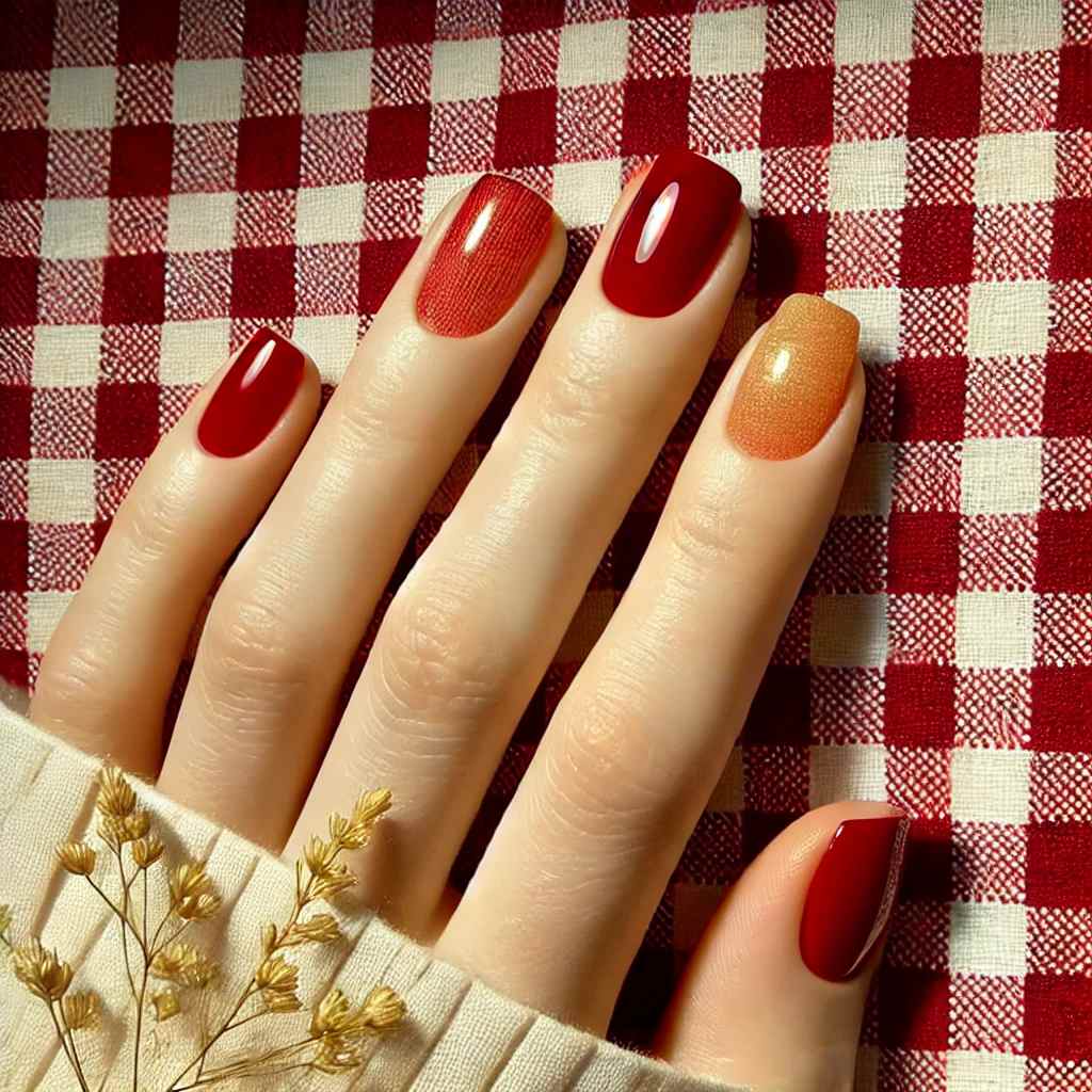 Cherry Red Nails with Gold Sparkle Ombre