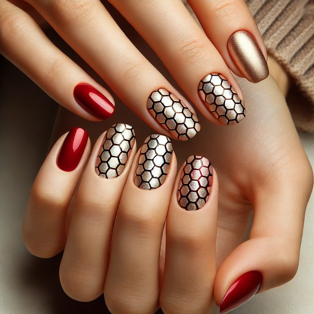 Cherry Red Nails with Honeycomb Patterns