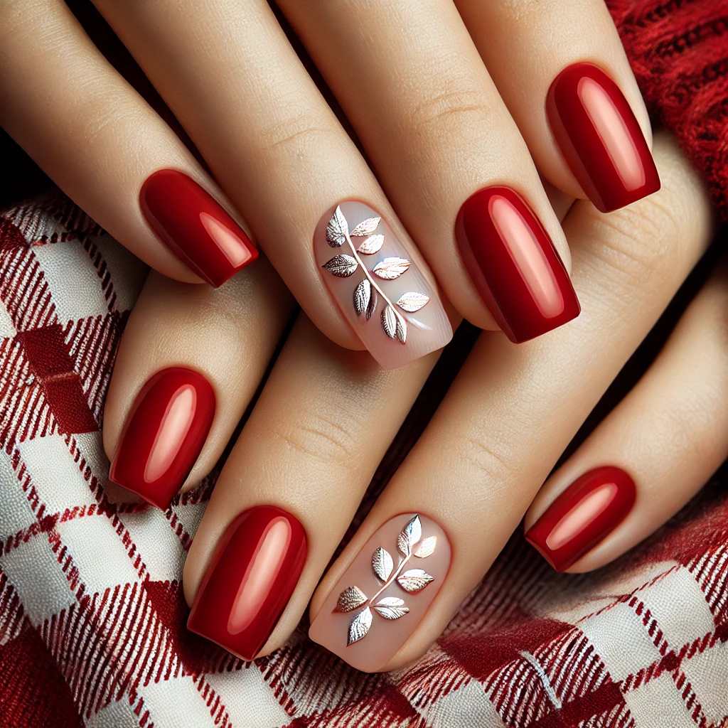 Cherry Red with Silver Foil Leaves