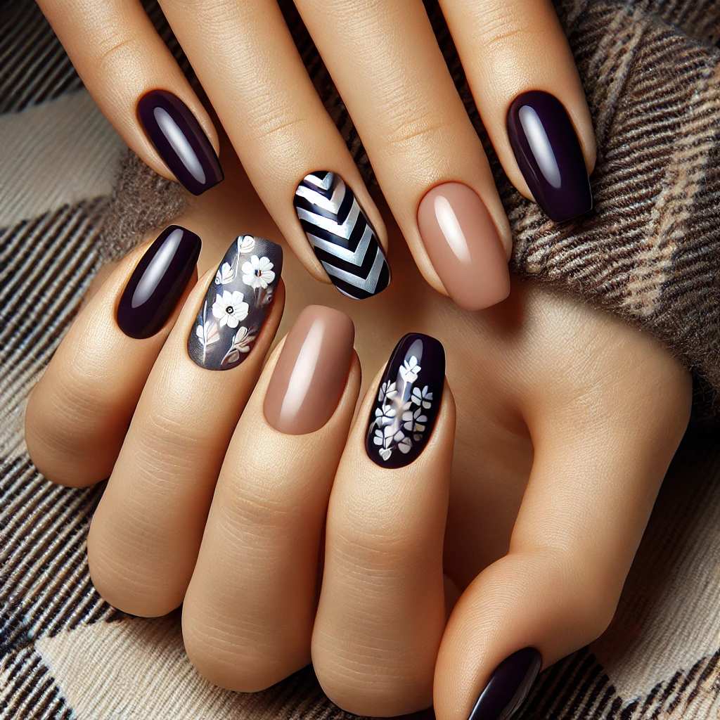 Chevrons and florals on dark purple nails