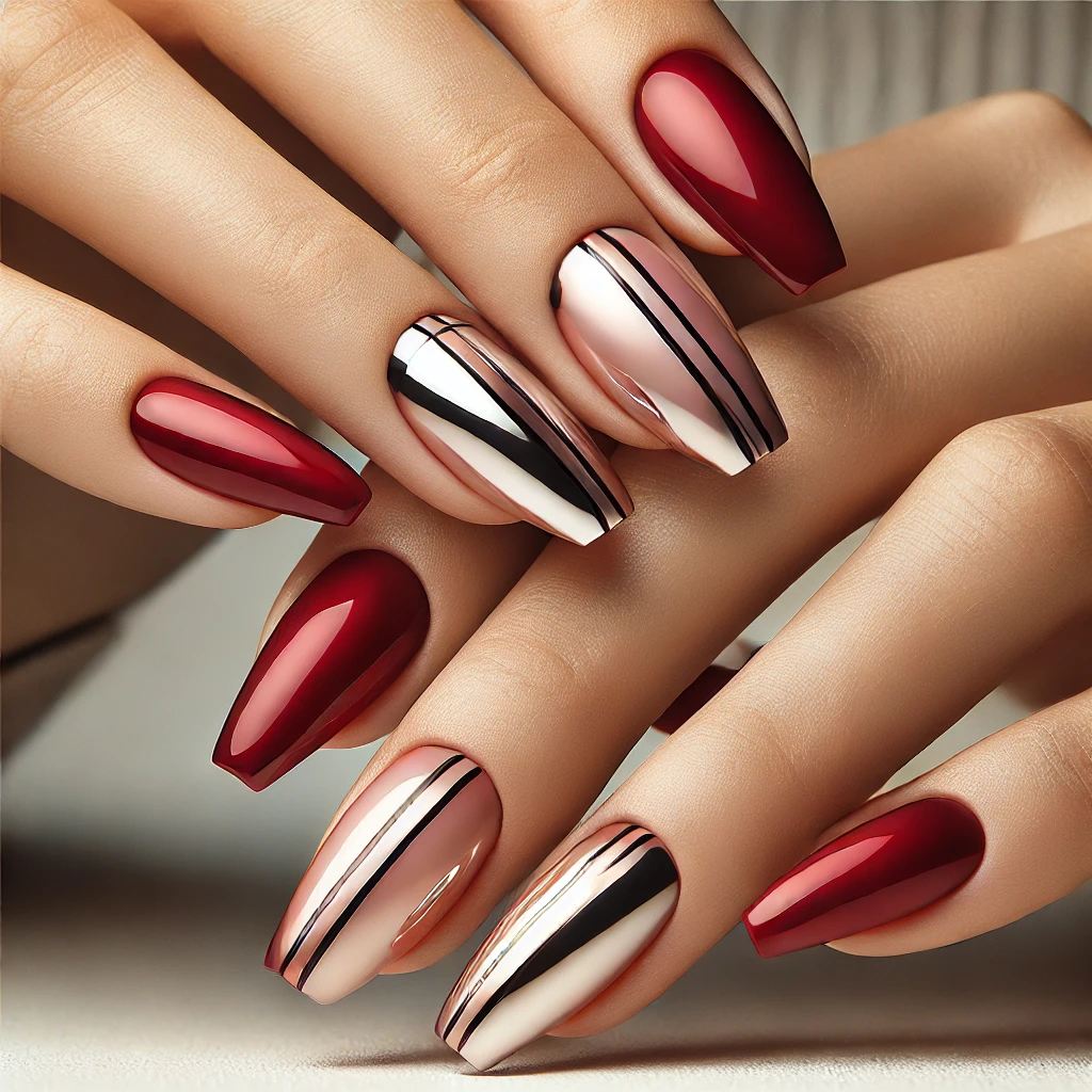 Chrome-Accented Cherry Red Nails