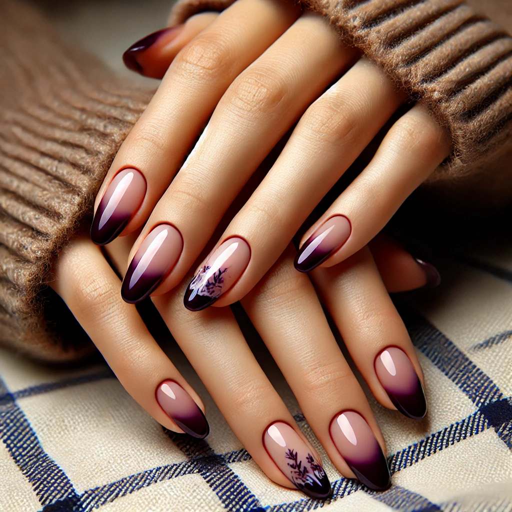 Clear nails with dark lavender florals