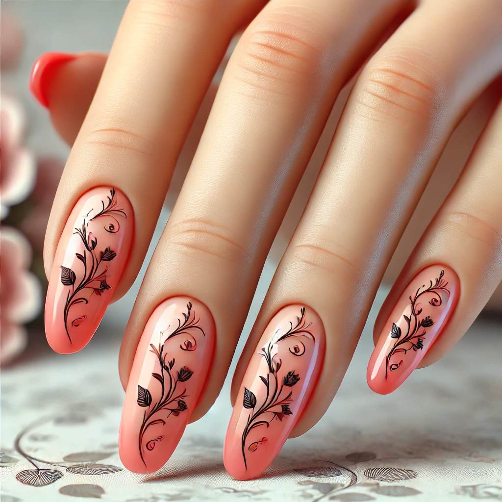 Coral Pink Nails with Black Ink Vines