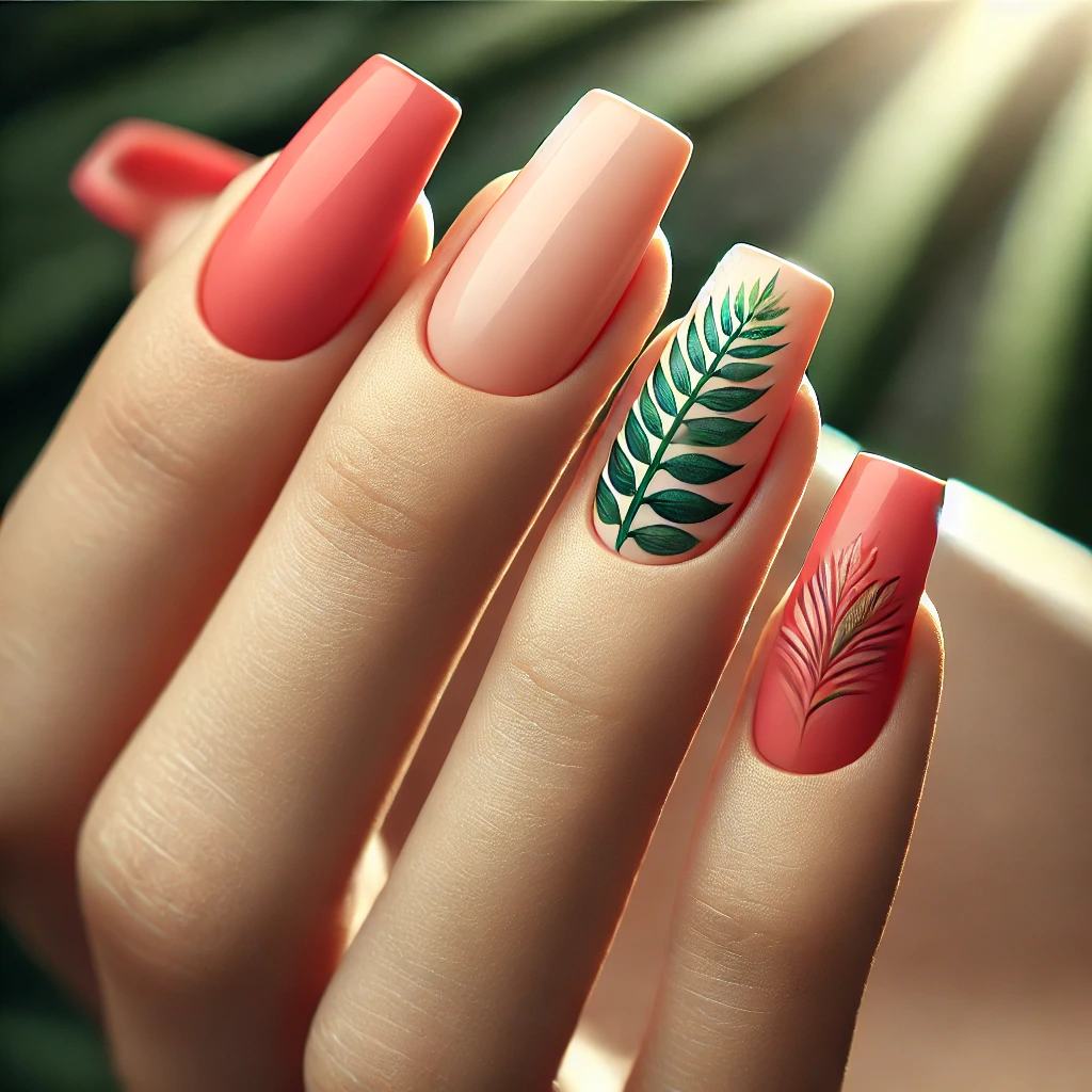 Coral Pink with Tropical Leaves