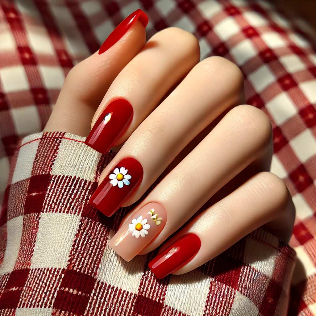 Daisies on Cherry Red Nails