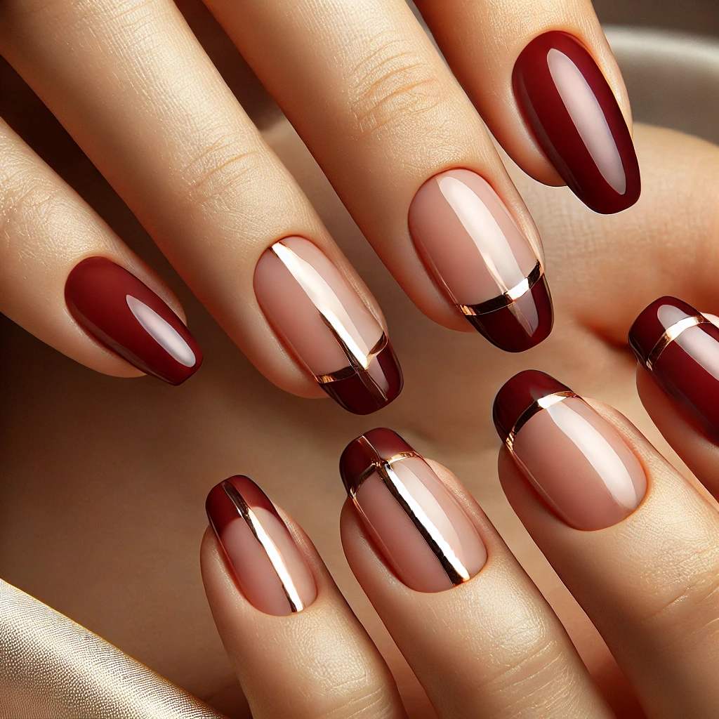 Dark Red French Tips with Foil Stripes