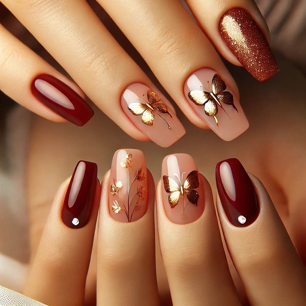 Dark Red with Gold Foil Butterflies and Sparkles