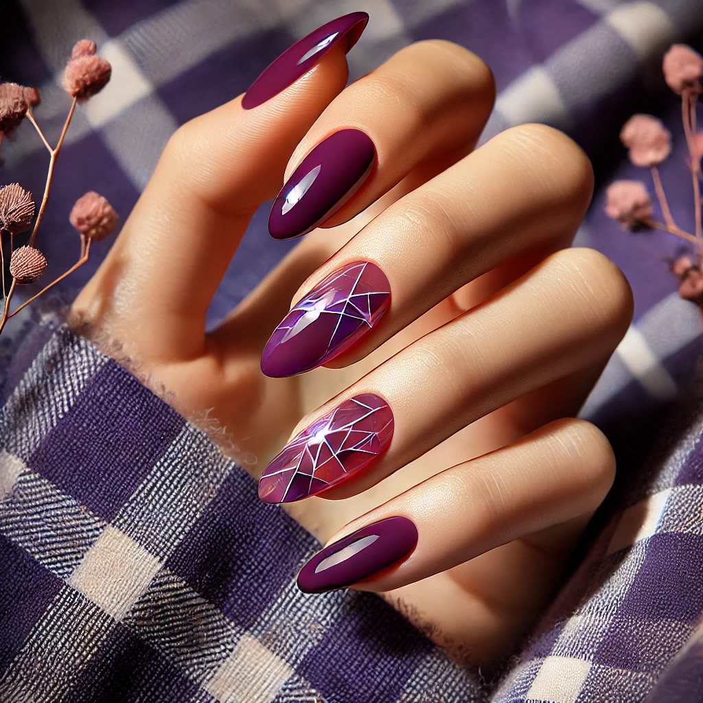 Deep Plum Nails with Shattered Glass Effect