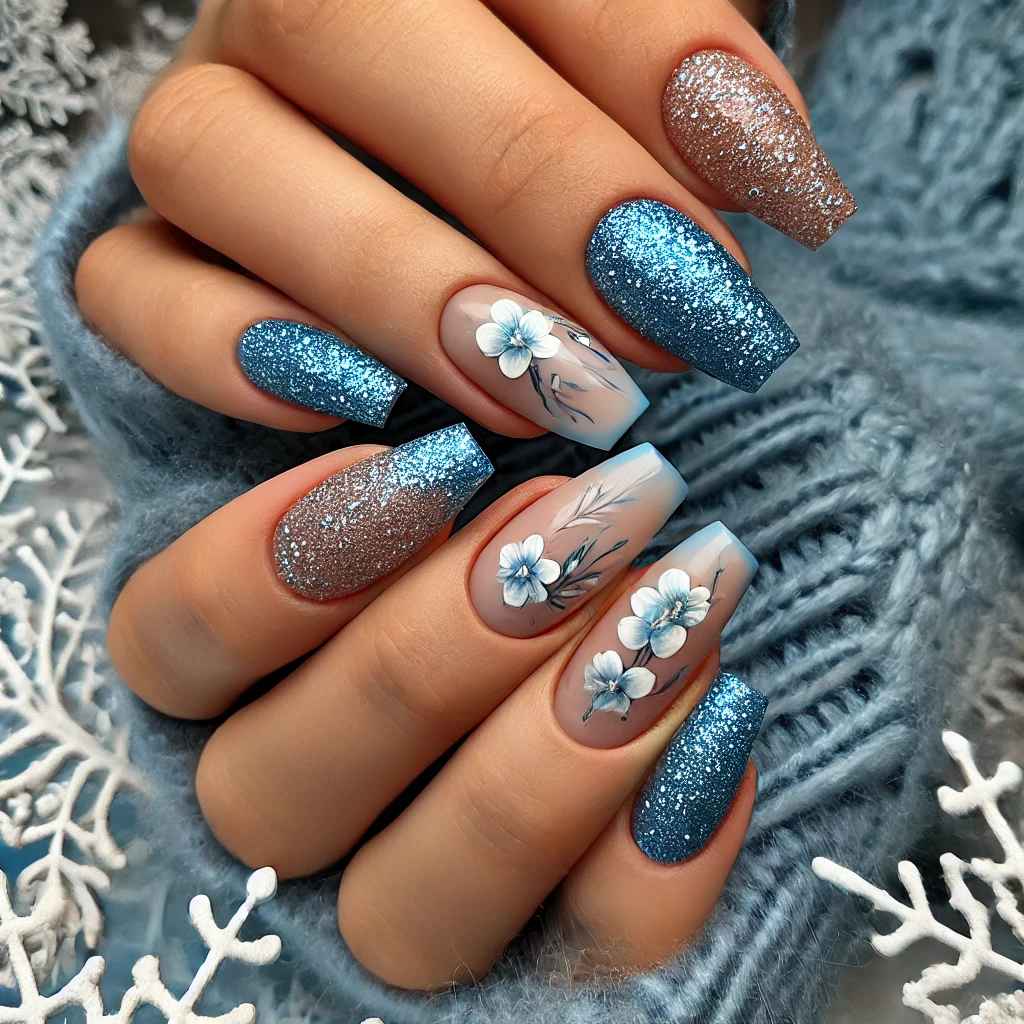 Floral Frost Blue Glitter Nails