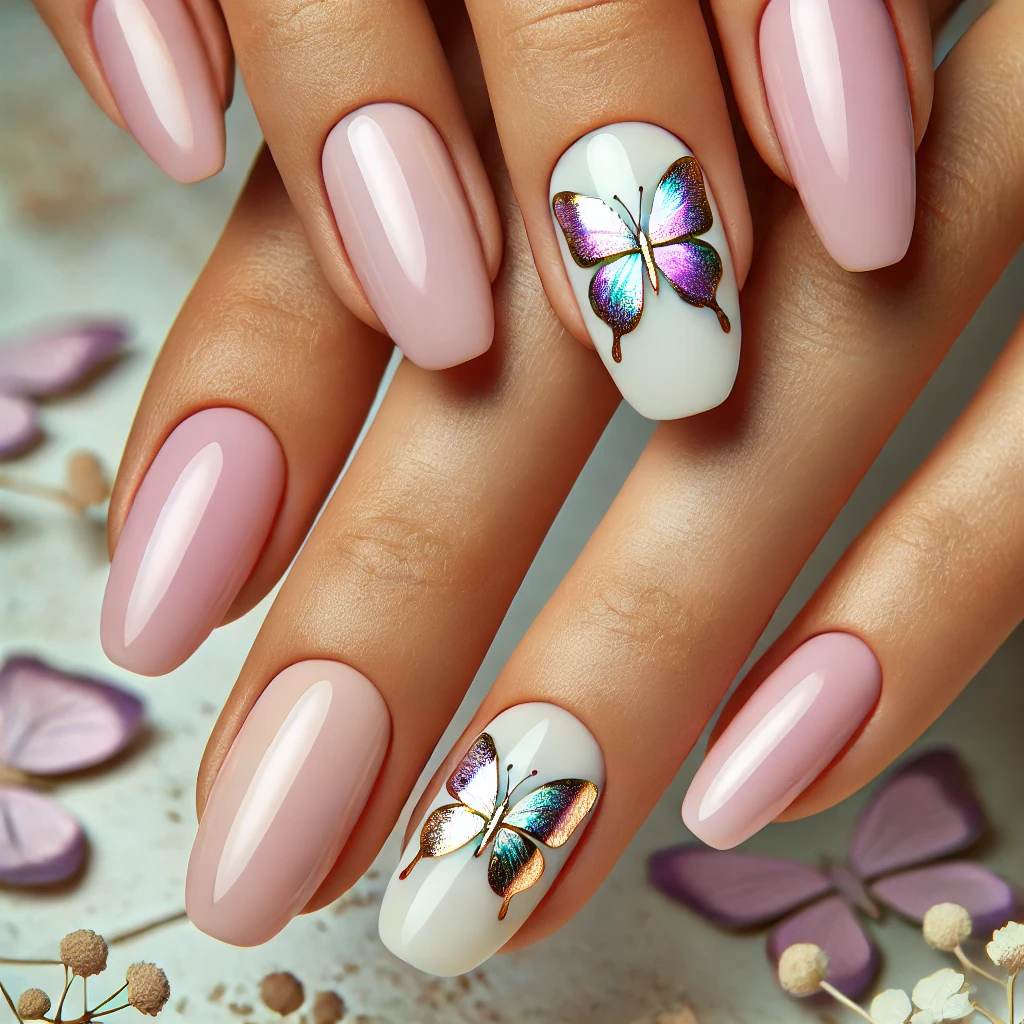 Foil Butterflies on Pink Nails