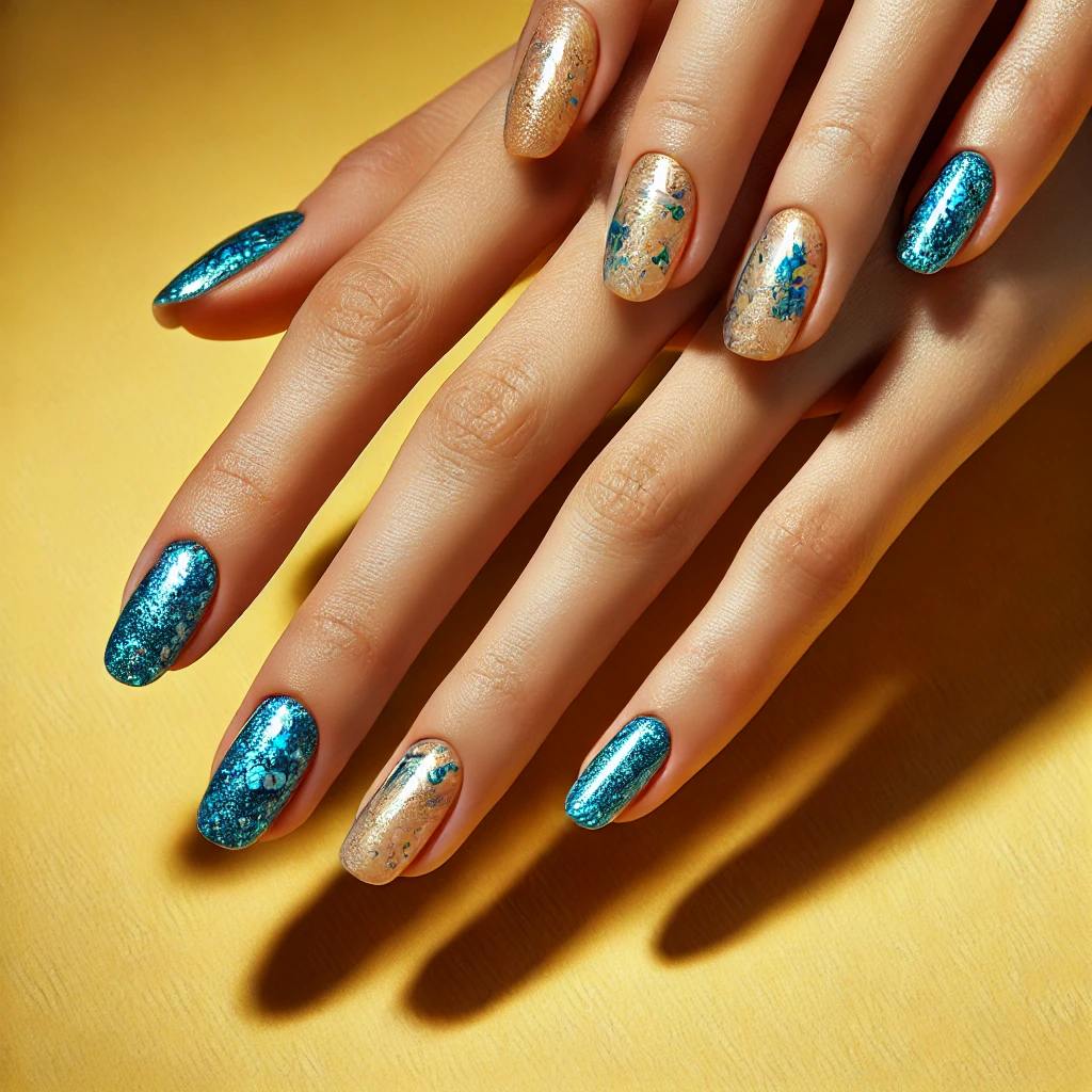 Foil Flake Nails with Oceanic Blues