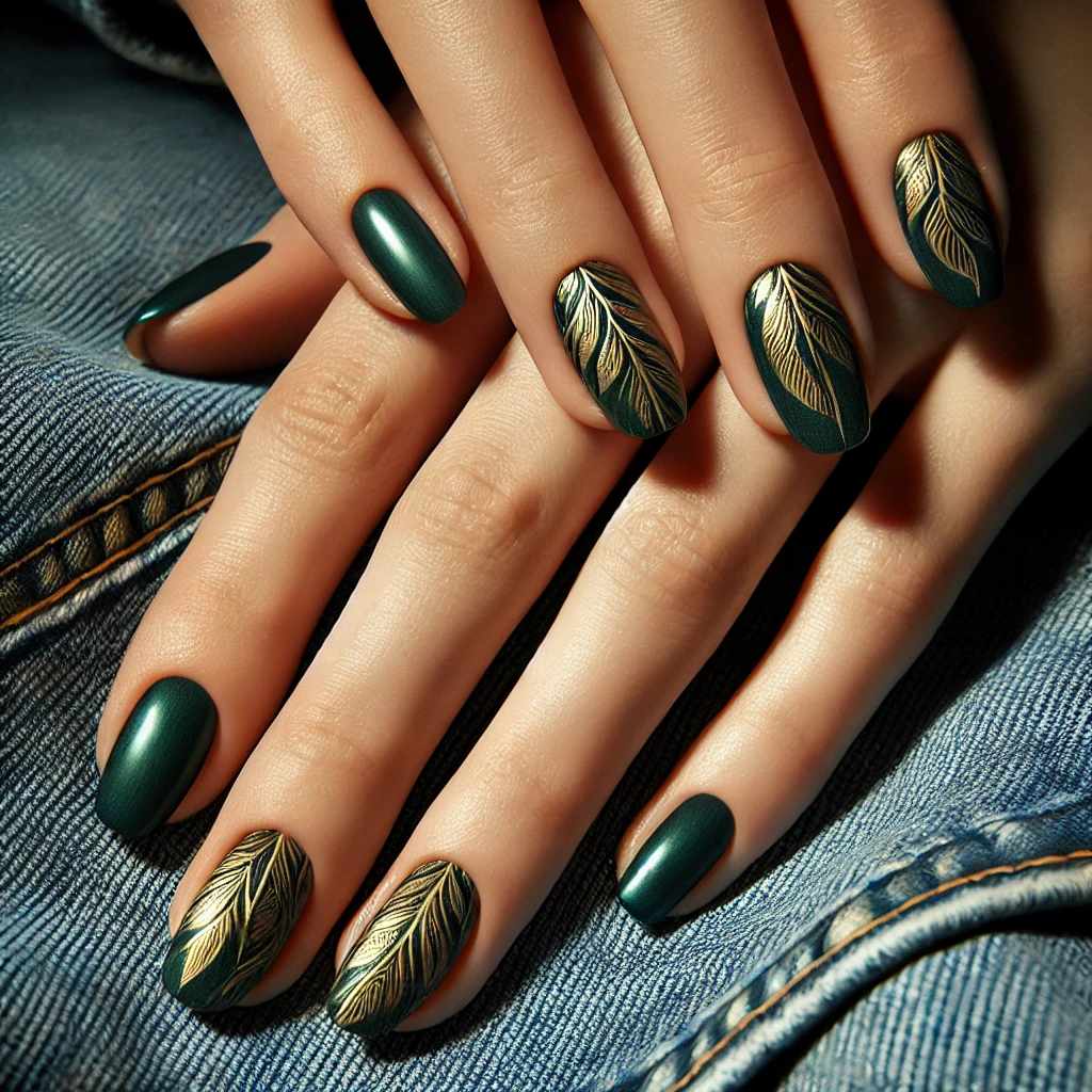 Foil Leaves on Emerald Green Nails