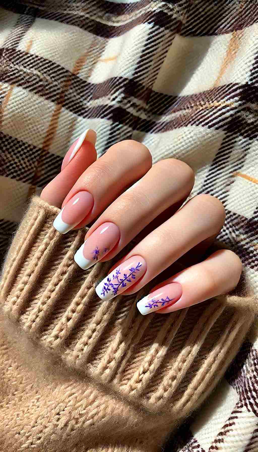 French Tips with Purple Floral Vinework