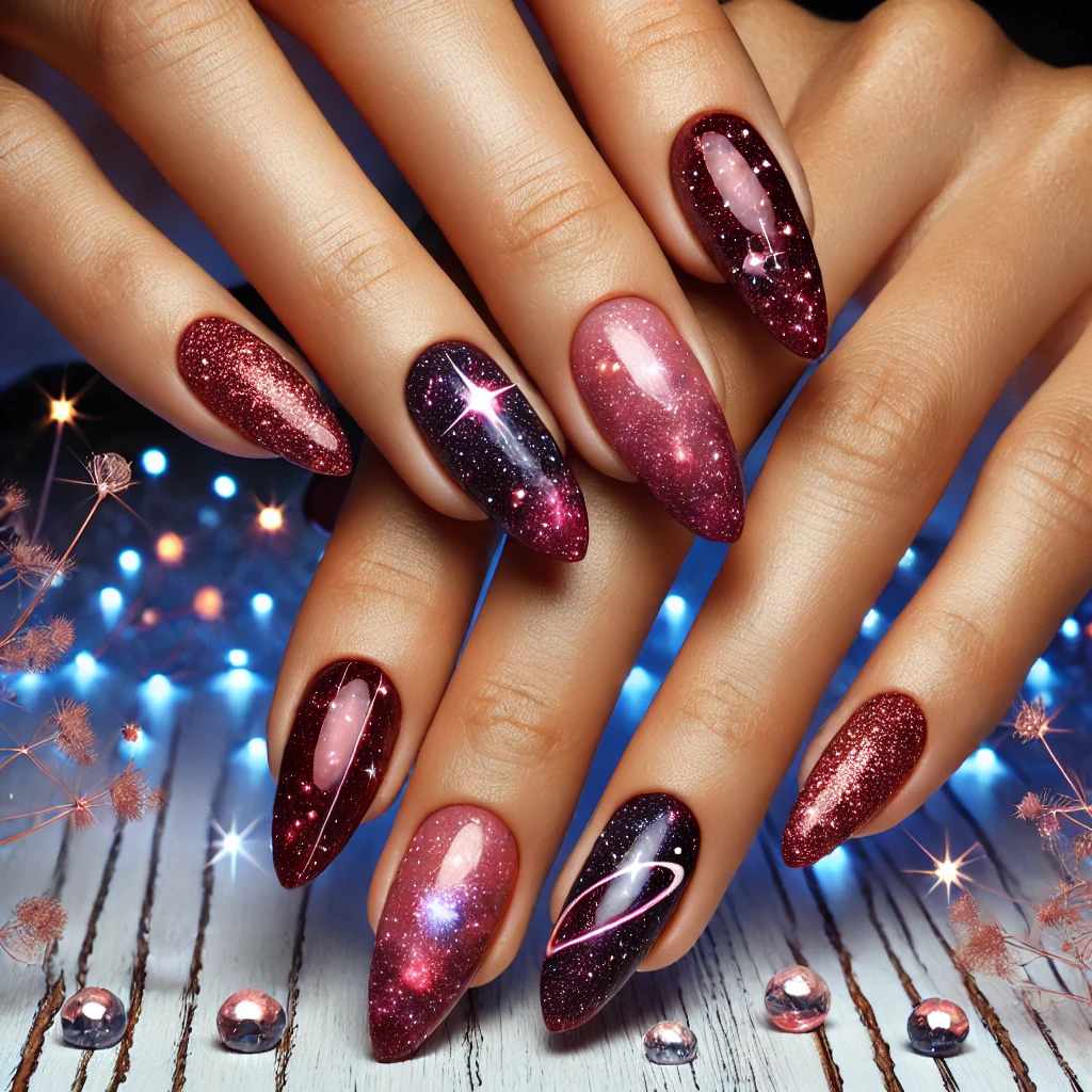 Galaxy-Inspired Crimson Nails