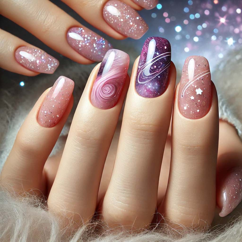 Galaxy-Inspired Pink and Purple Nails