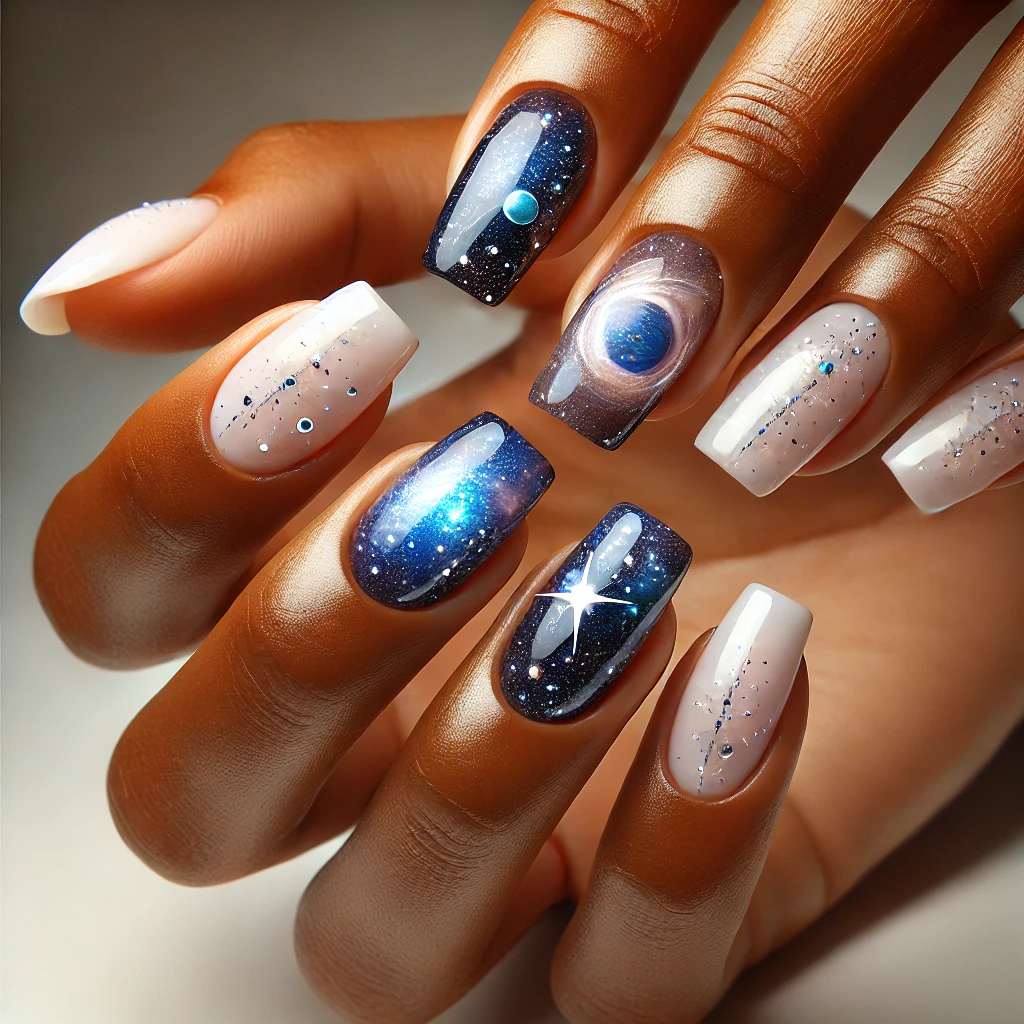 Galaxy-Inspired White Nails