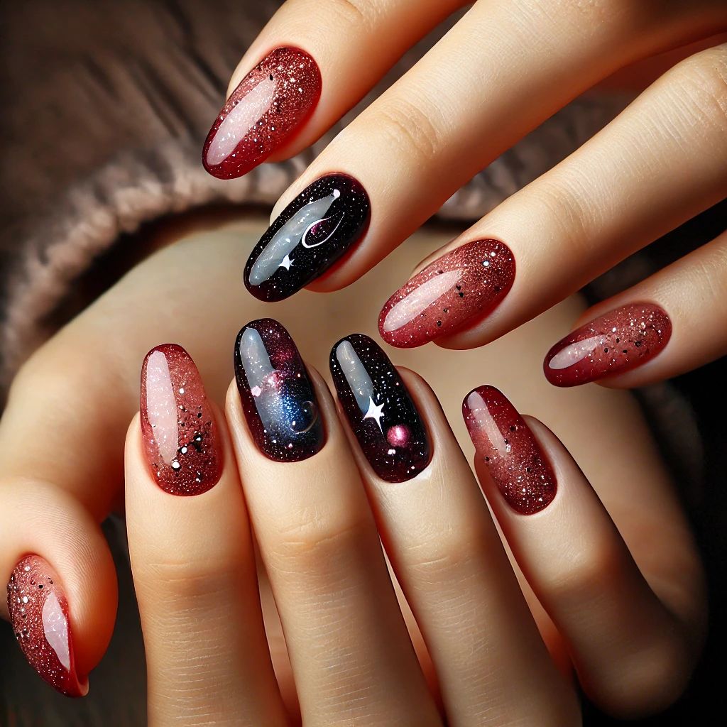 Galaxy-Themed Cherry Red Nails