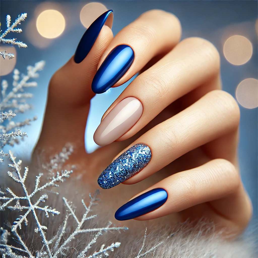 Glitter-Accented Royal Blue Nails