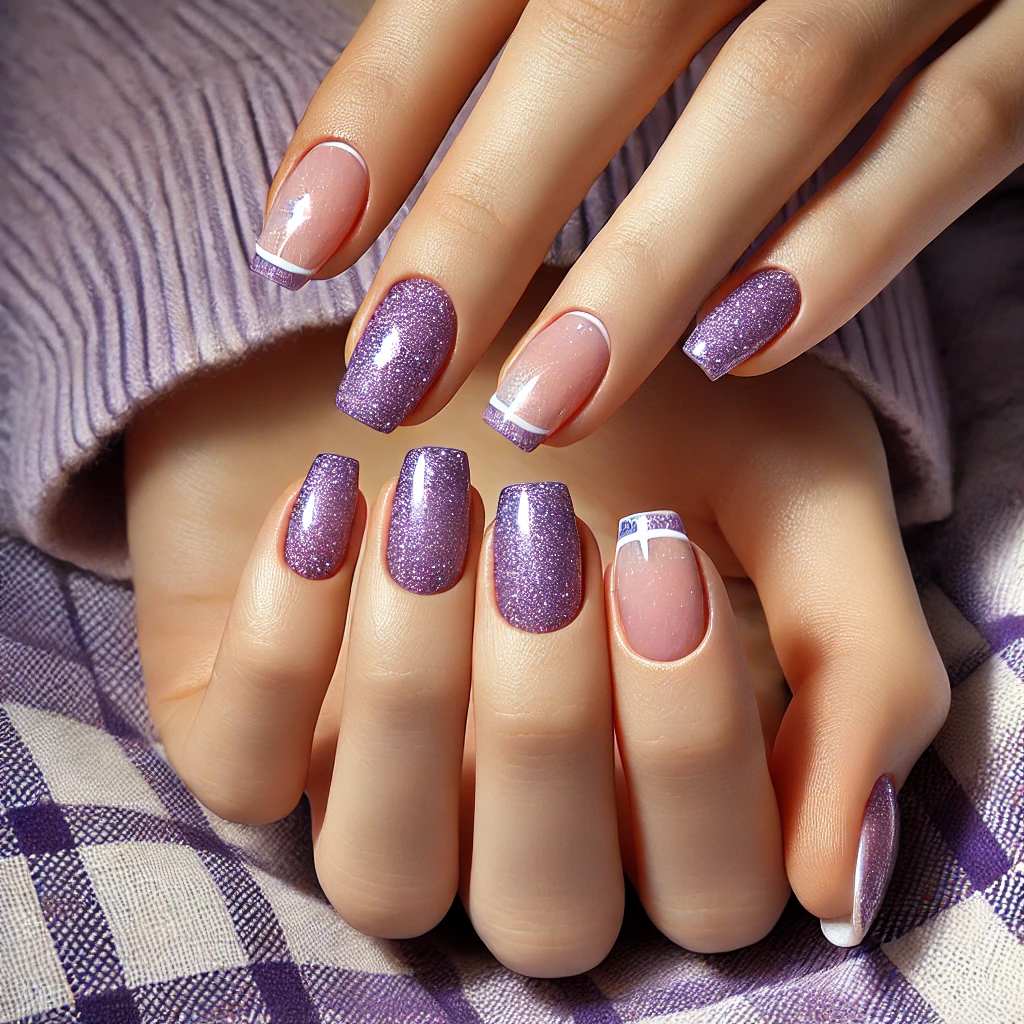 Glitter Purple Nails with Sparkling French Tips