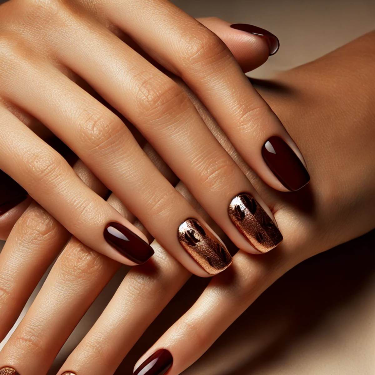 Gold Foil Accents on Dark Cherry Red Nails