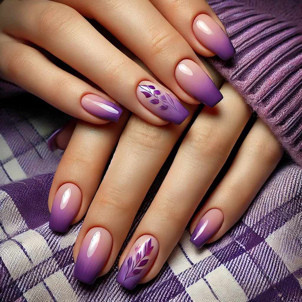 Gradient Purple Nails with Clear Leaf Detailing