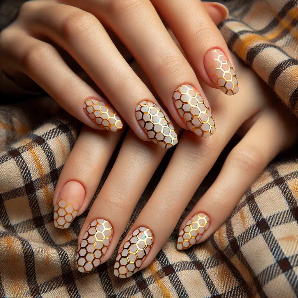 Honeycomb Nails with Gold Foil Details