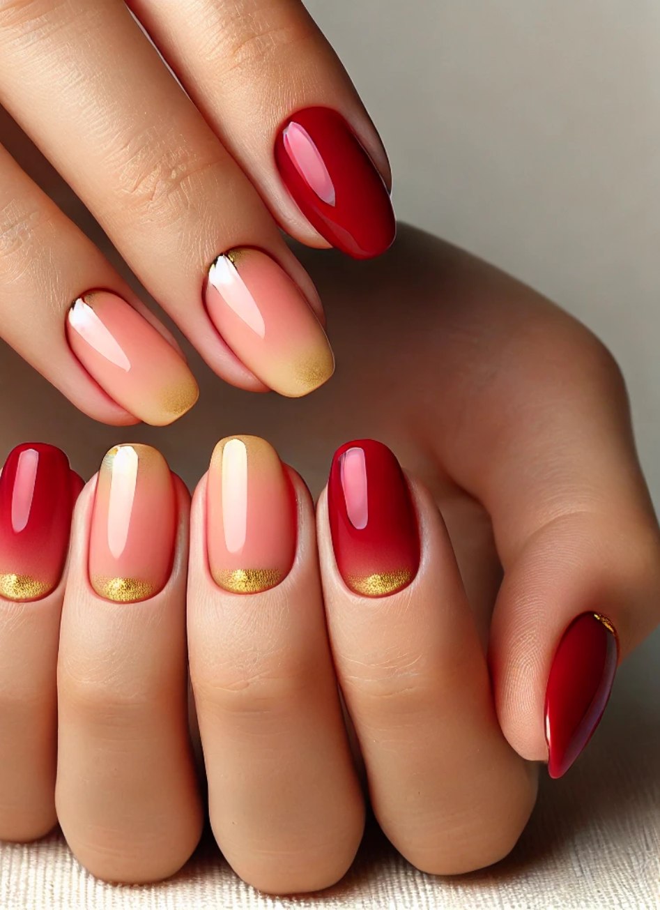 Ombre Cherry Red Nails with Gold Accents