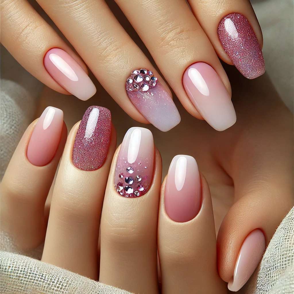 Ombre Nails with Rhinestone Clusters