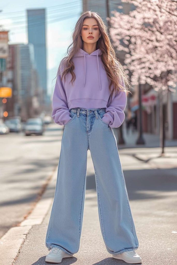 Pastel Hoodie and Wide-Leg Jeans