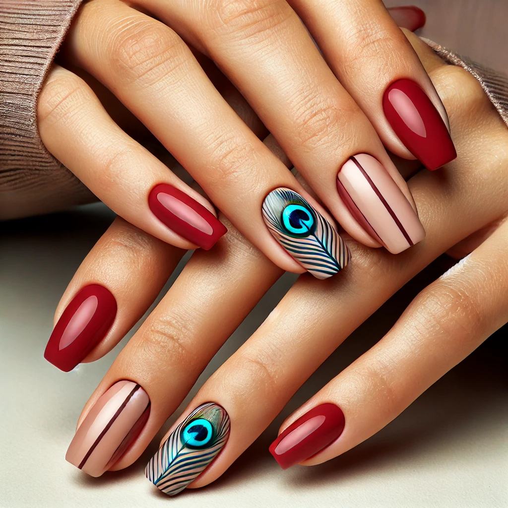 Peacock Blue and Cherry Red Nails