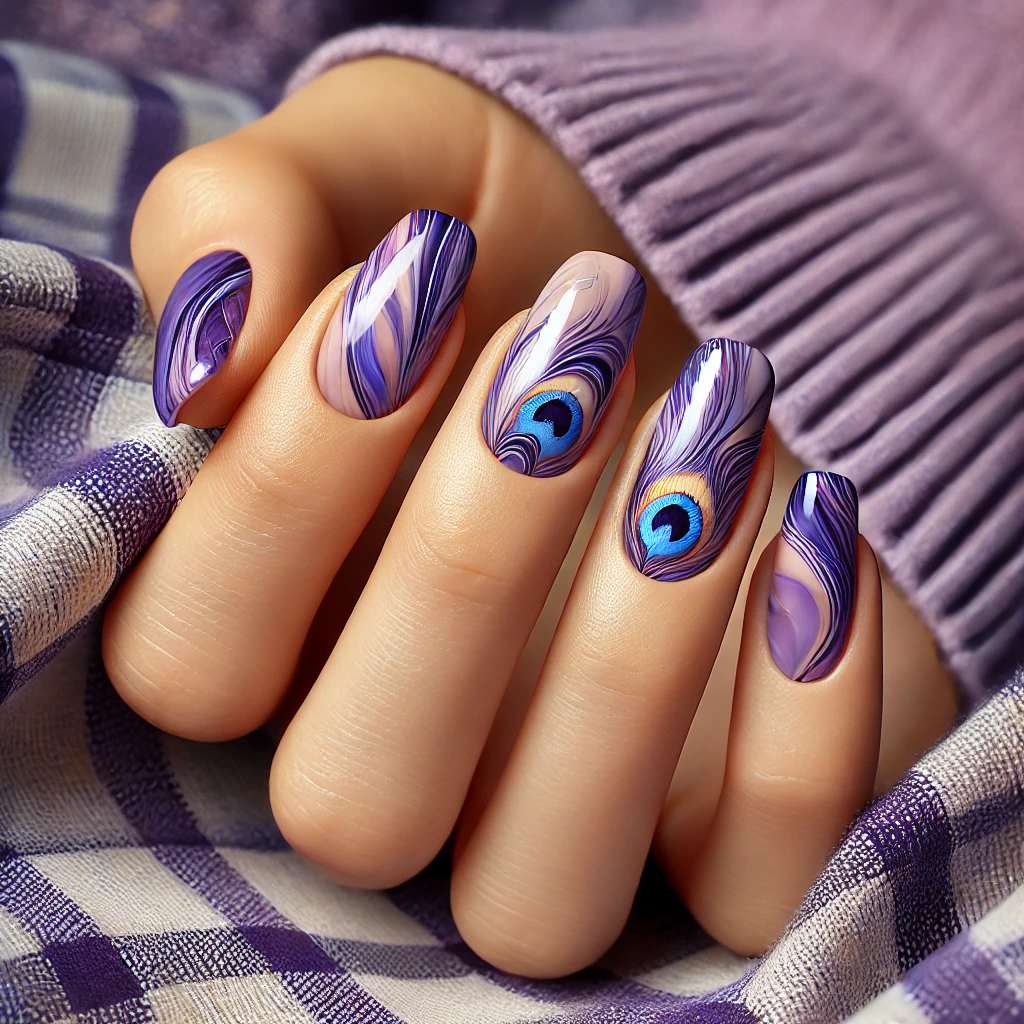 Peacock Blue and Purple Marble Nails