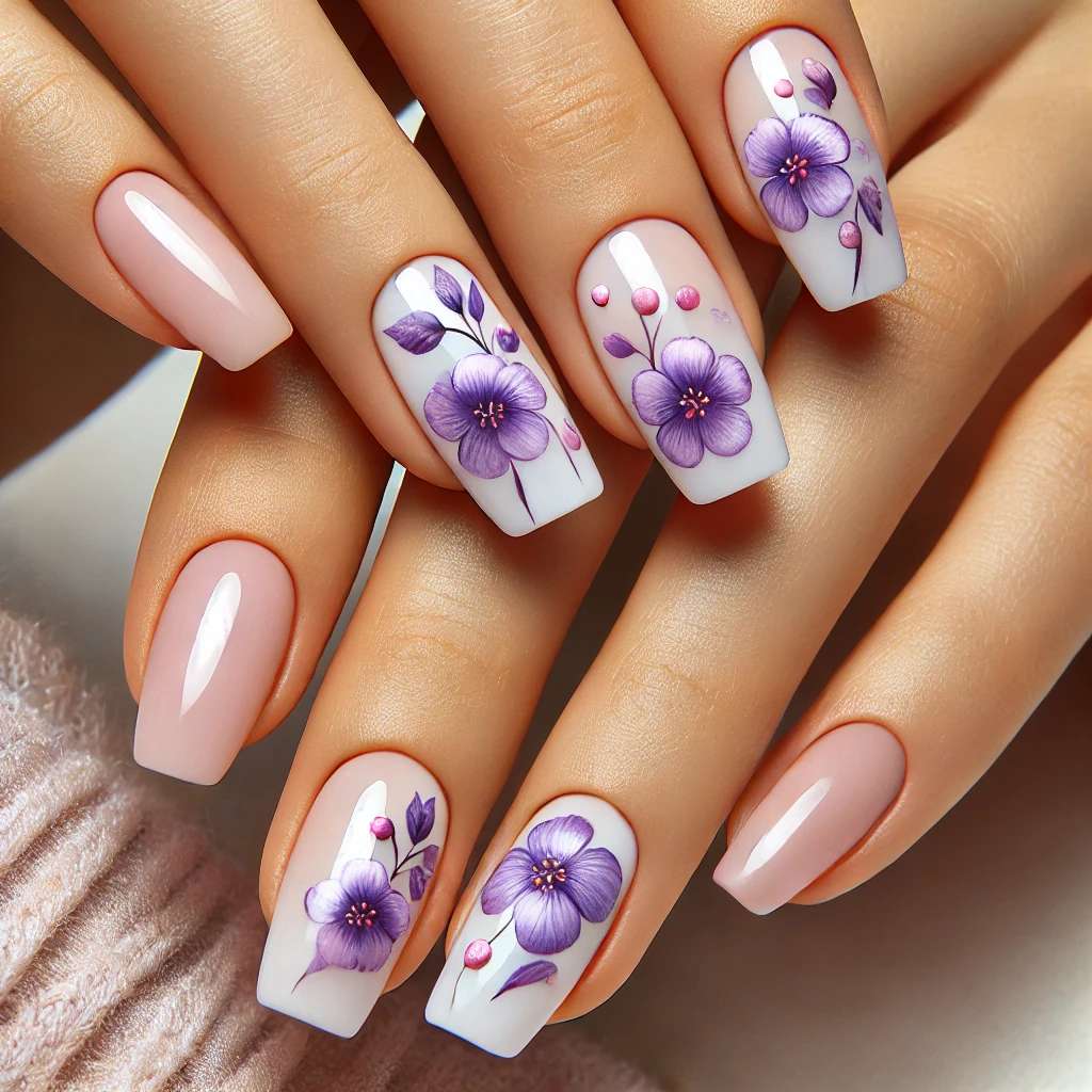 Purple Floral Nails with Pink Accents