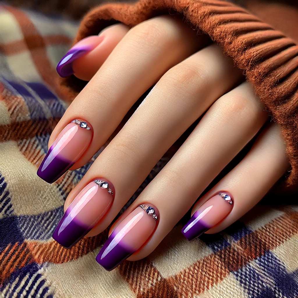 Purple French Tips with Sparkling Rhinestones