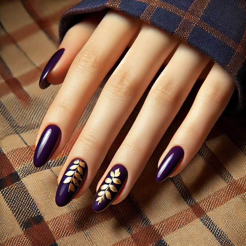 Purple Nails with Gold Leaf Details