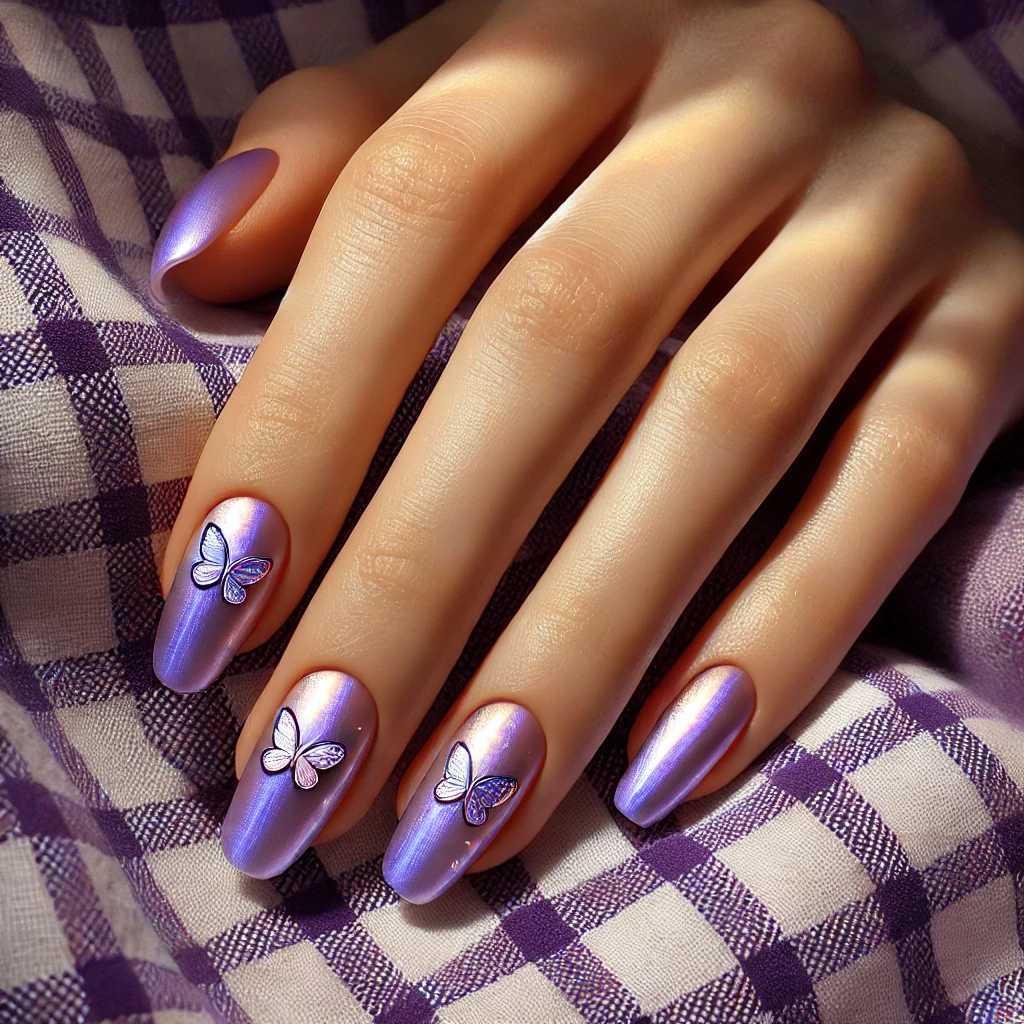 Purple Sparkle Nails with Foil Butterfly Accents