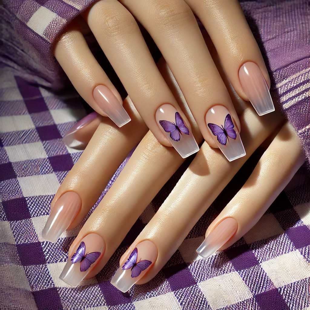 Purple and Clear Nails with 3D Butterfly Accents