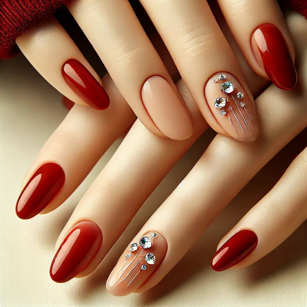 Rhinestone-Encrusted Cherry Red Nails