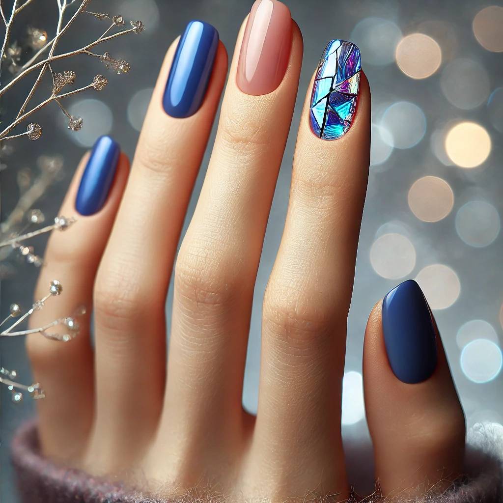 Shattered Glass Effect on Royal Blue Nails