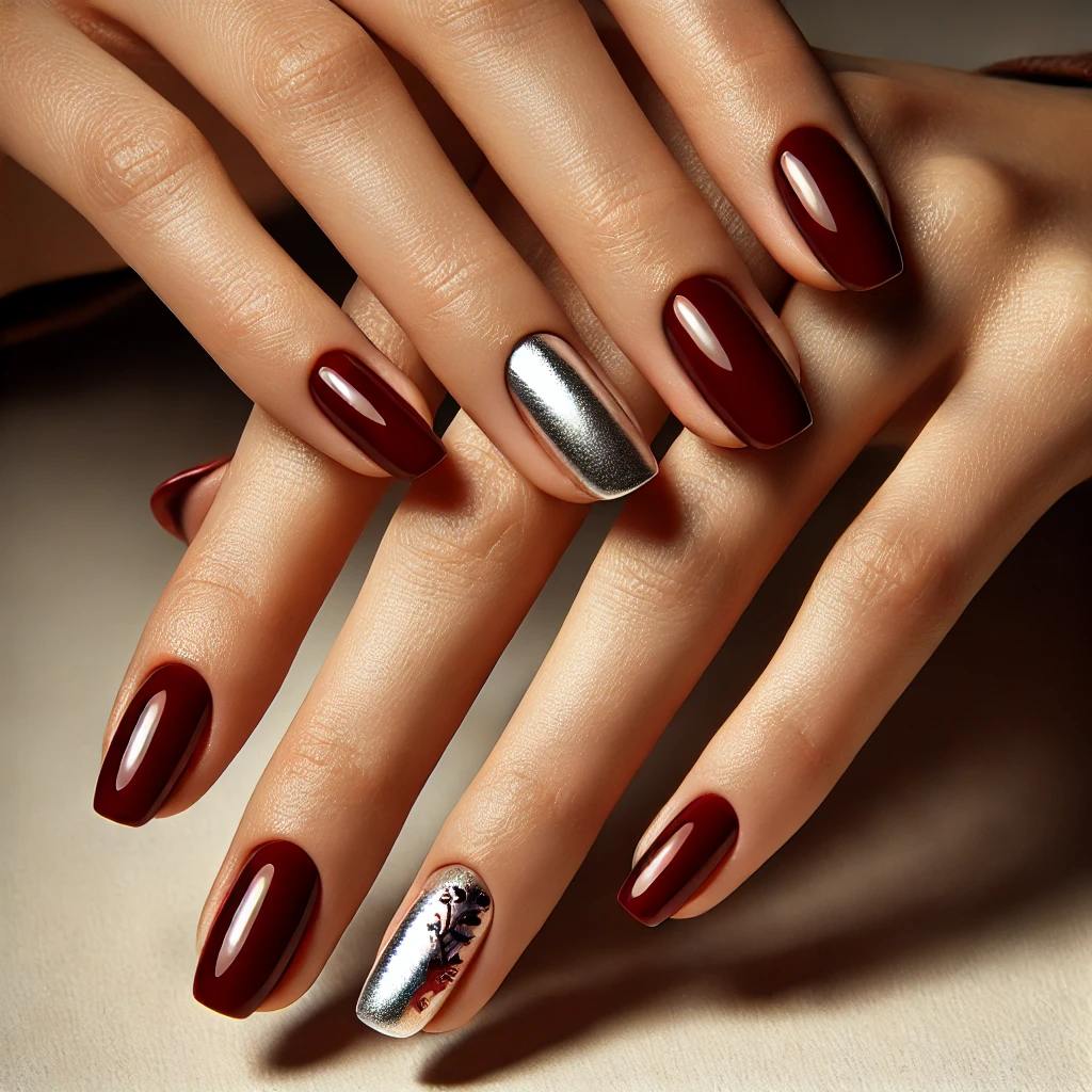 Silver Foil Accents on Dark Cherry Red Nails