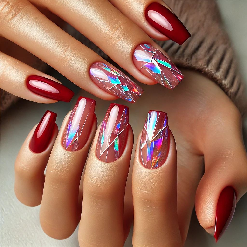 Sparkling Cherry Red Nails with Shattered Glass Effect