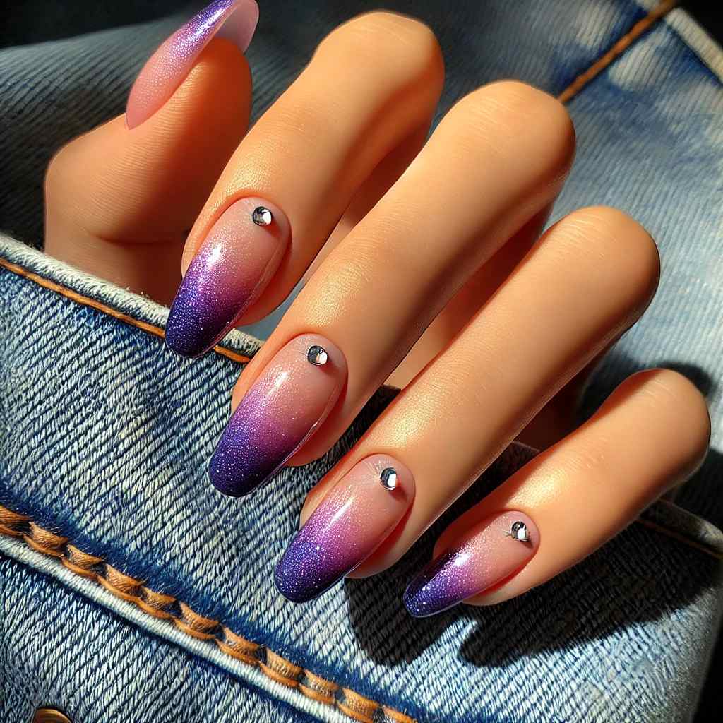 Sparkling Purple Ombre with Rhinestone Tips