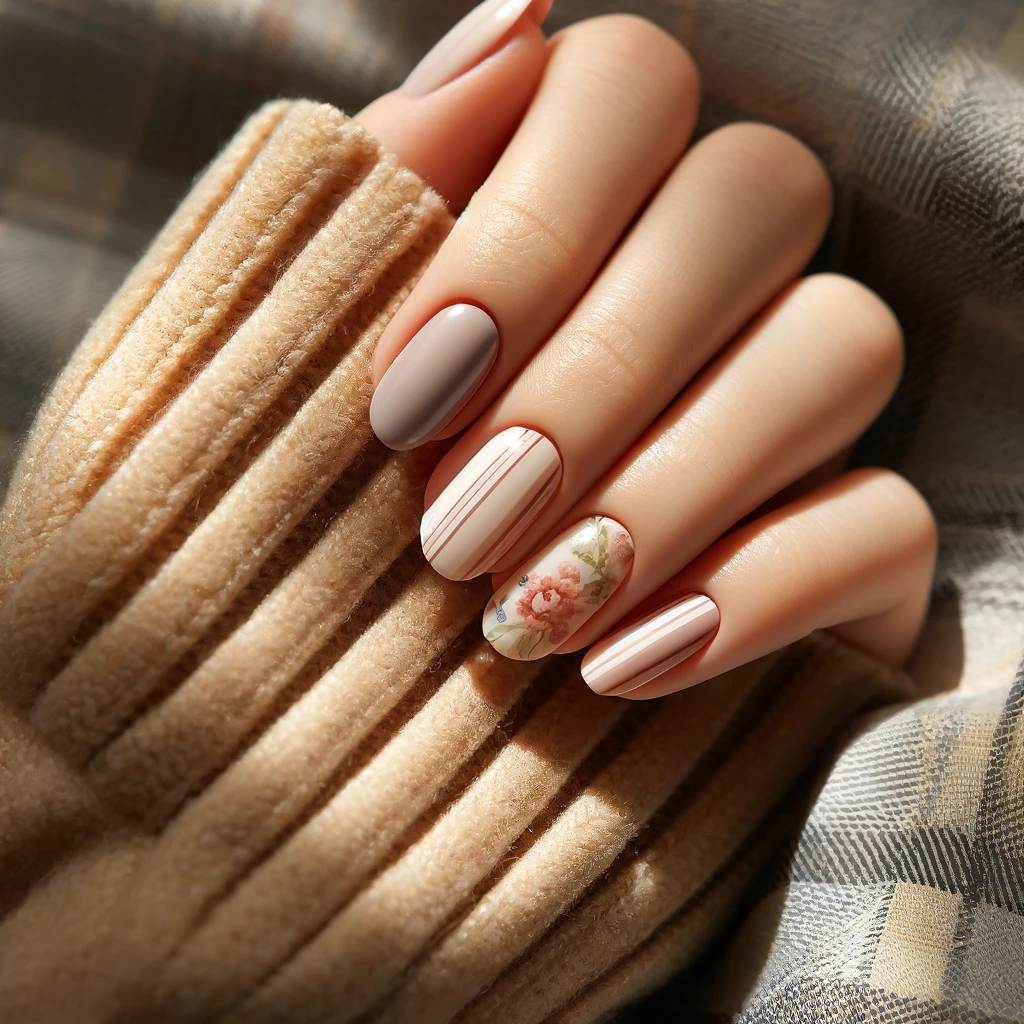 Striped Nail Art with Blossoms