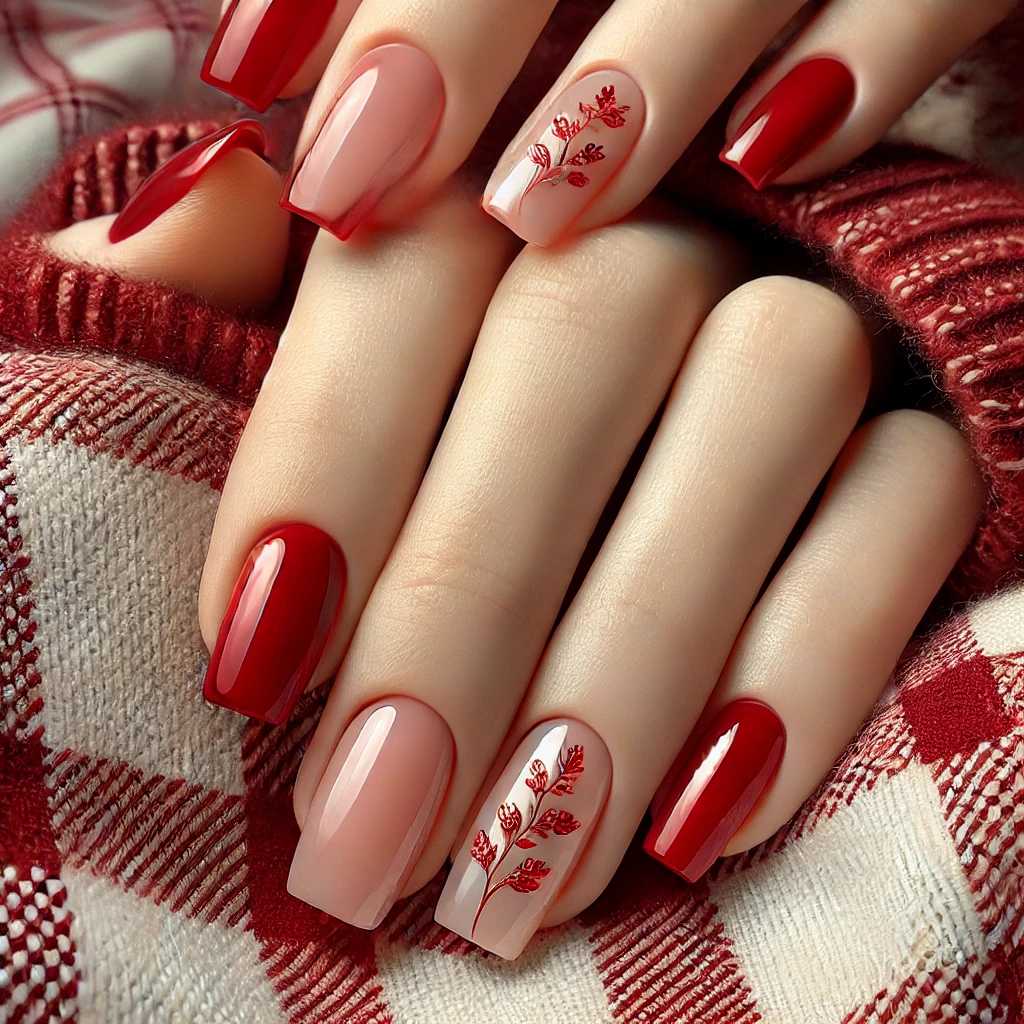 Vine and Foil Accents on Cherry Red Nails