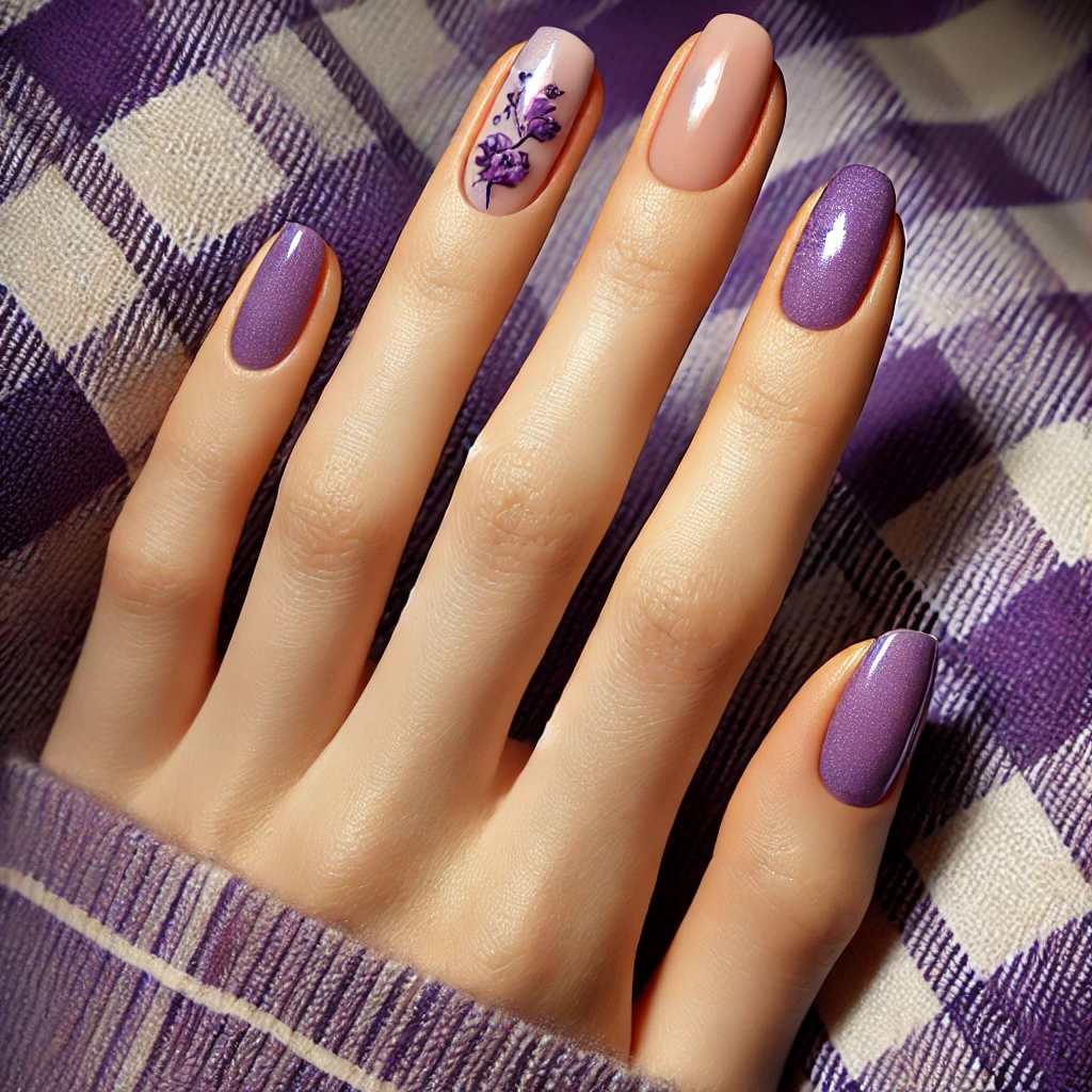 Violet Nails with Subtle Sparkles and Floral Decals